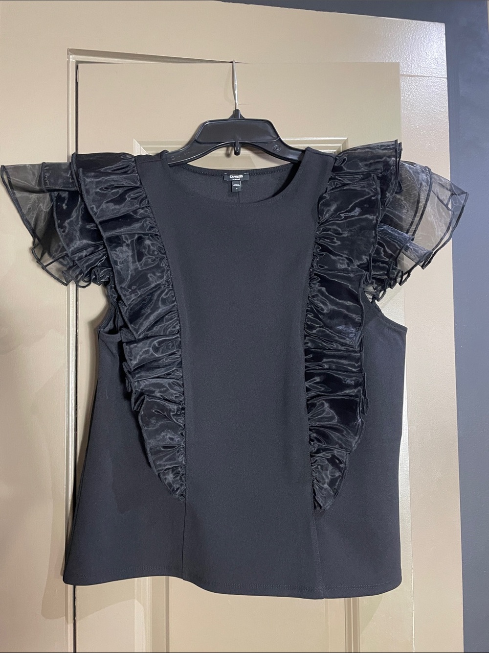 Express Black Ruffle-Trim Organza Sleeve Top